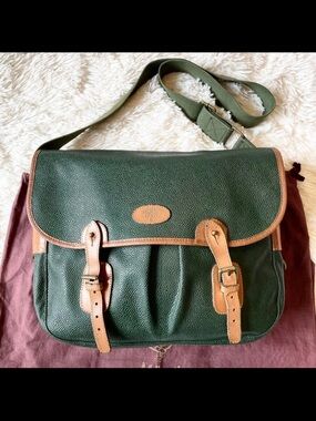 Mulberry Green Leather Messenger Bag with Brown Trim